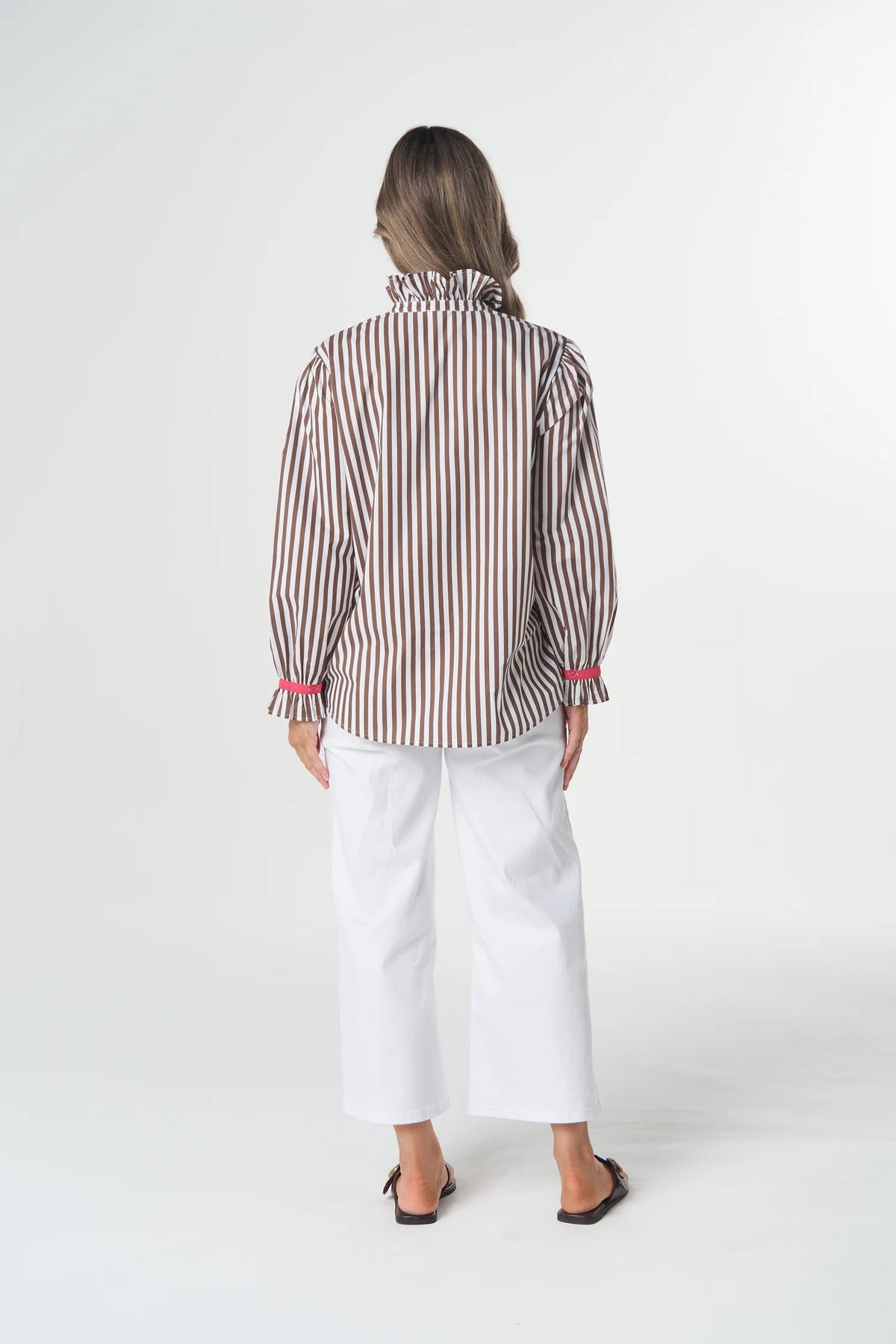 Sky Frill Neck Cotton Shirt - Chocolate Stripe