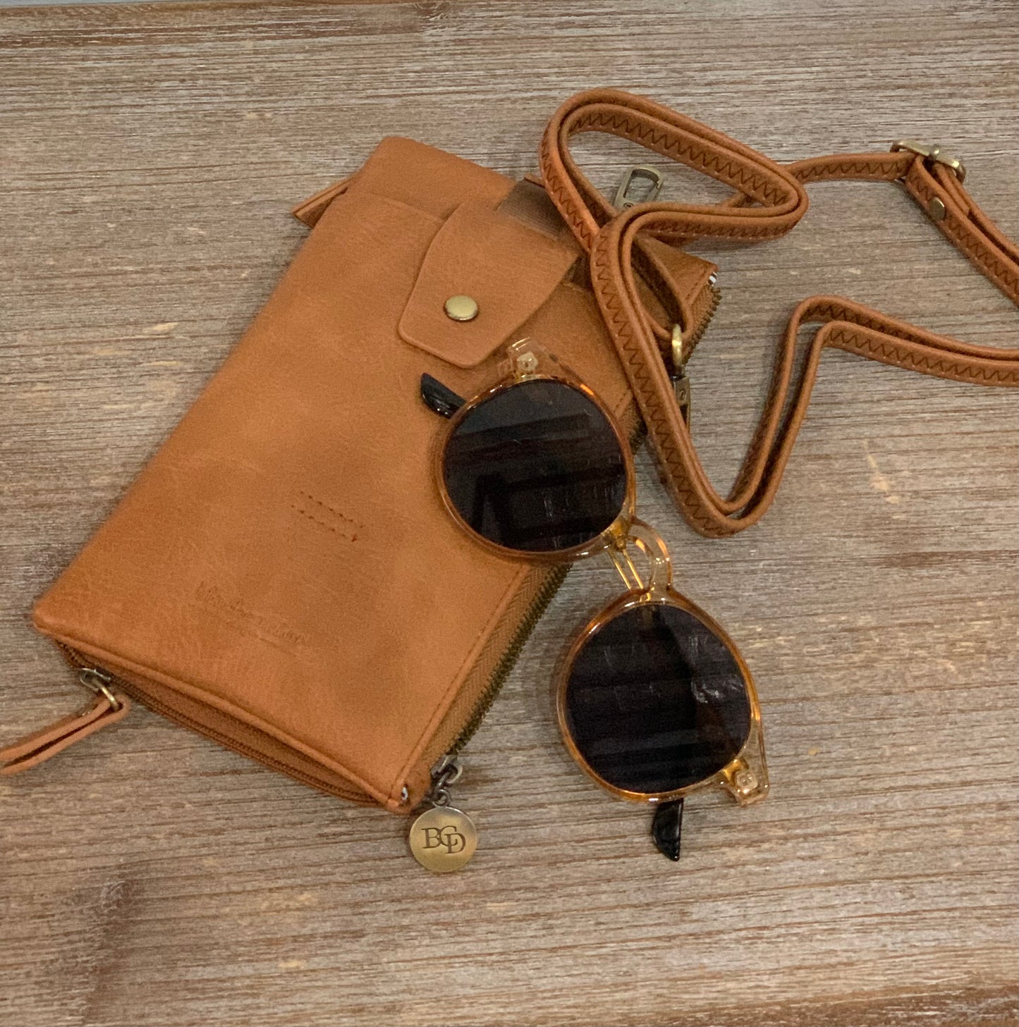 Crossbody iPhone /wallet/ double glass case - Tan
