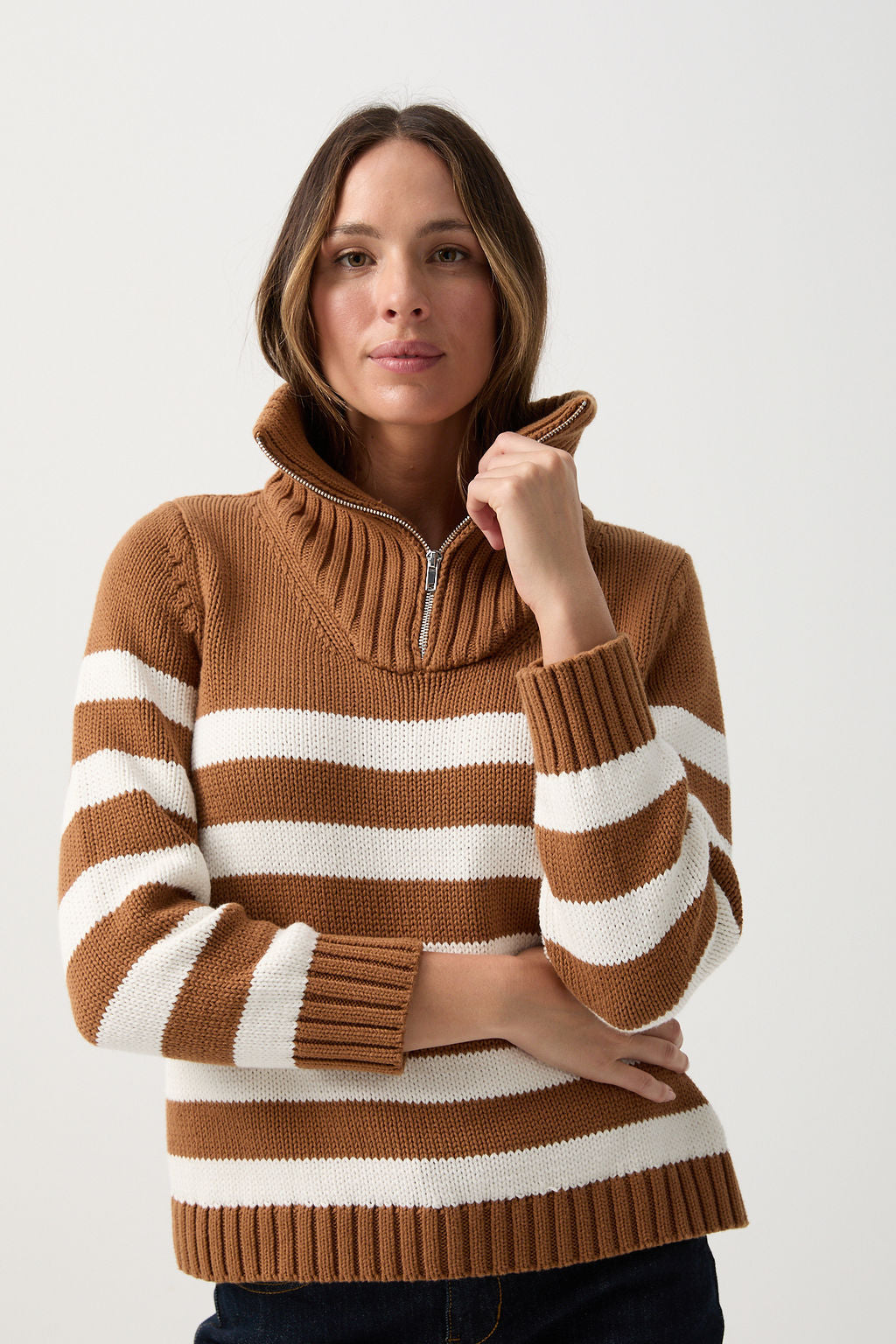 Cotton Stripe 1/2 Zip Jumper Bronze Brown/White
