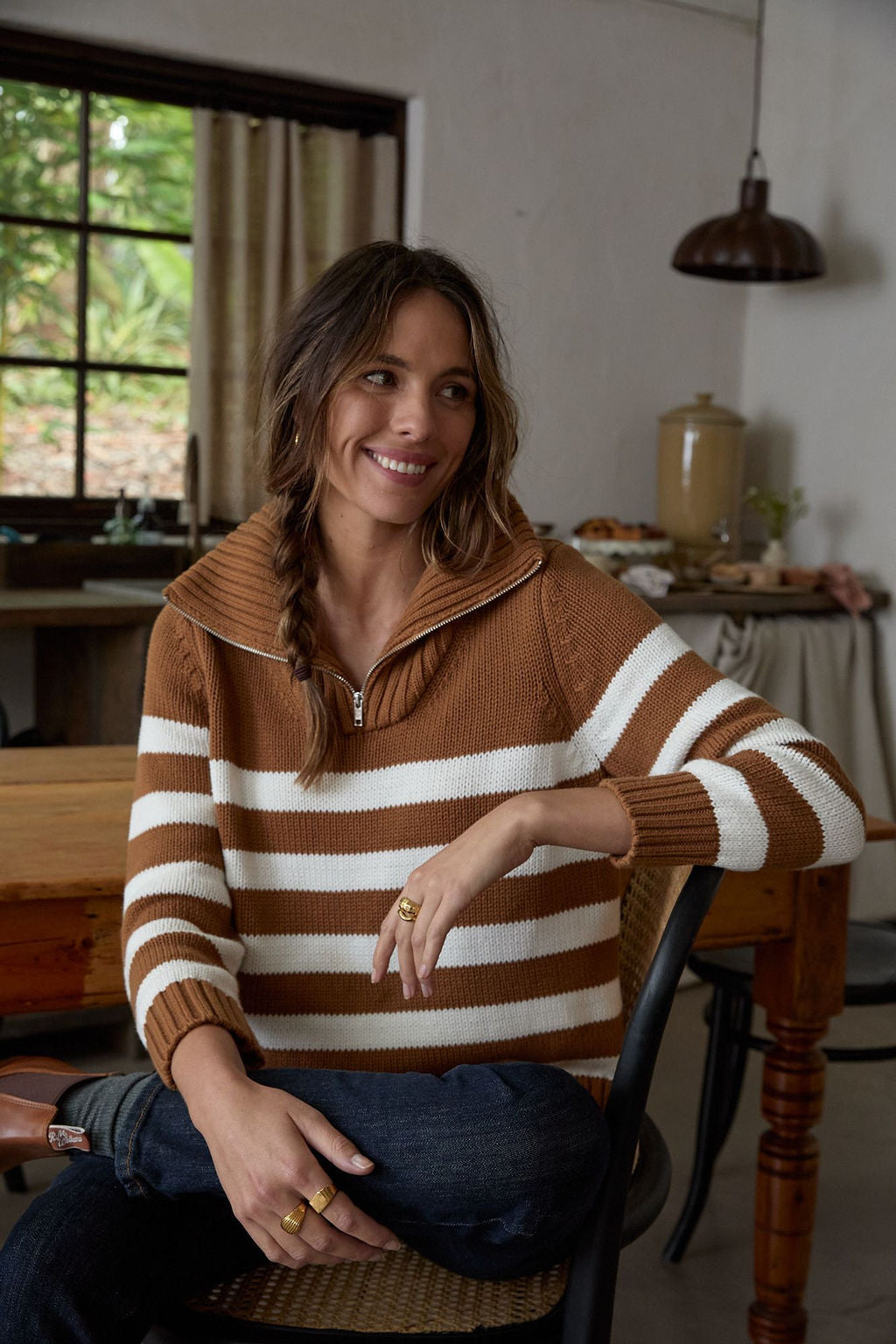 Cotton Stripe 1/2 Zip Jumper Bronze Brown/White