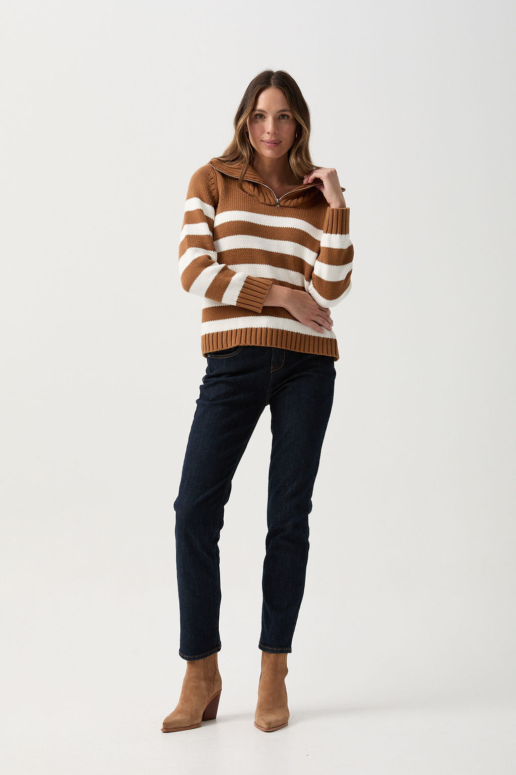 Cotton Stripe 1/2 Zip Jumper Bronze Brown/White