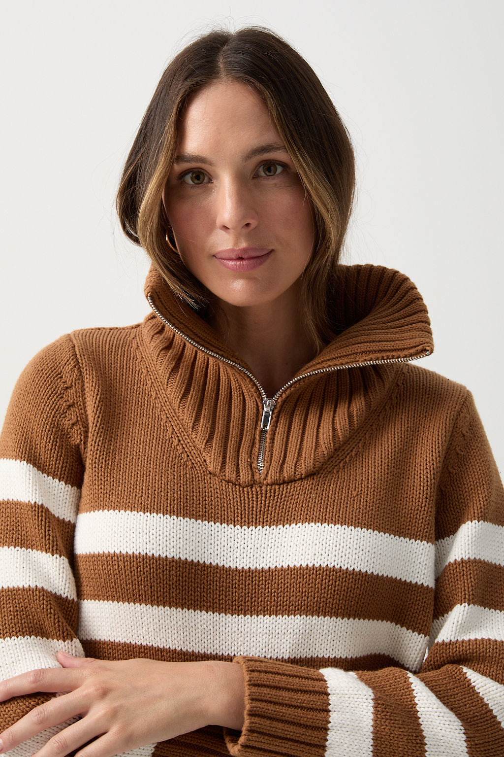 Cotton Stripe 1/2 Zip Jumper Bronze Brown/White