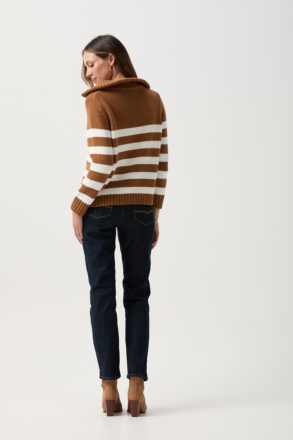 Cotton Stripe 1/2 Zip Jumper Bronze Brown/White