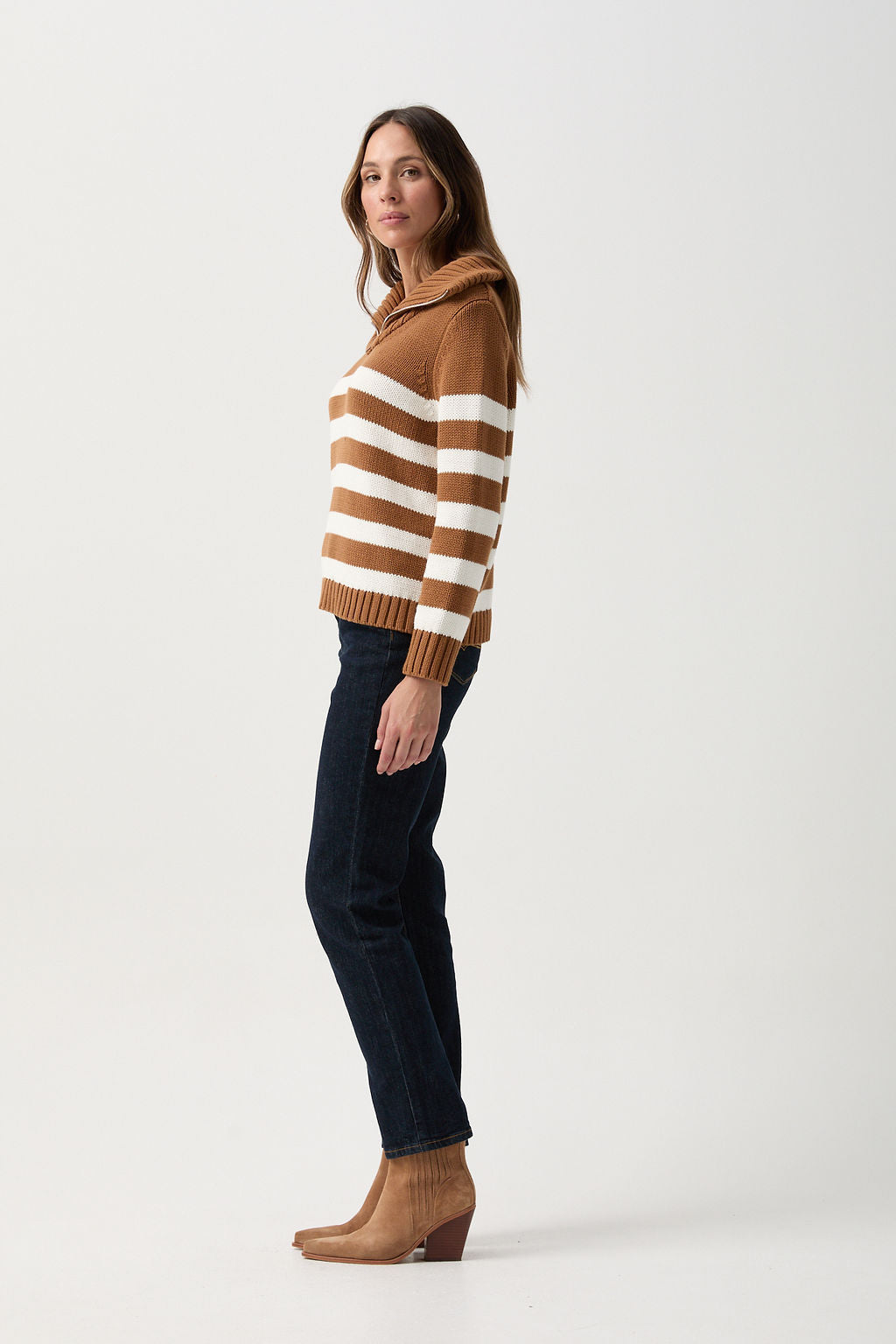 Cotton Stripe 1/2 Zip Jumper Bronze Brown/White