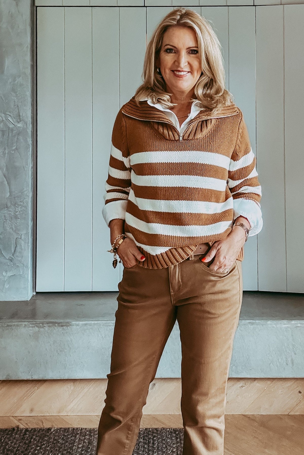 Cotton Stripe 1/2 Zip Jumper Bronze Brown/White