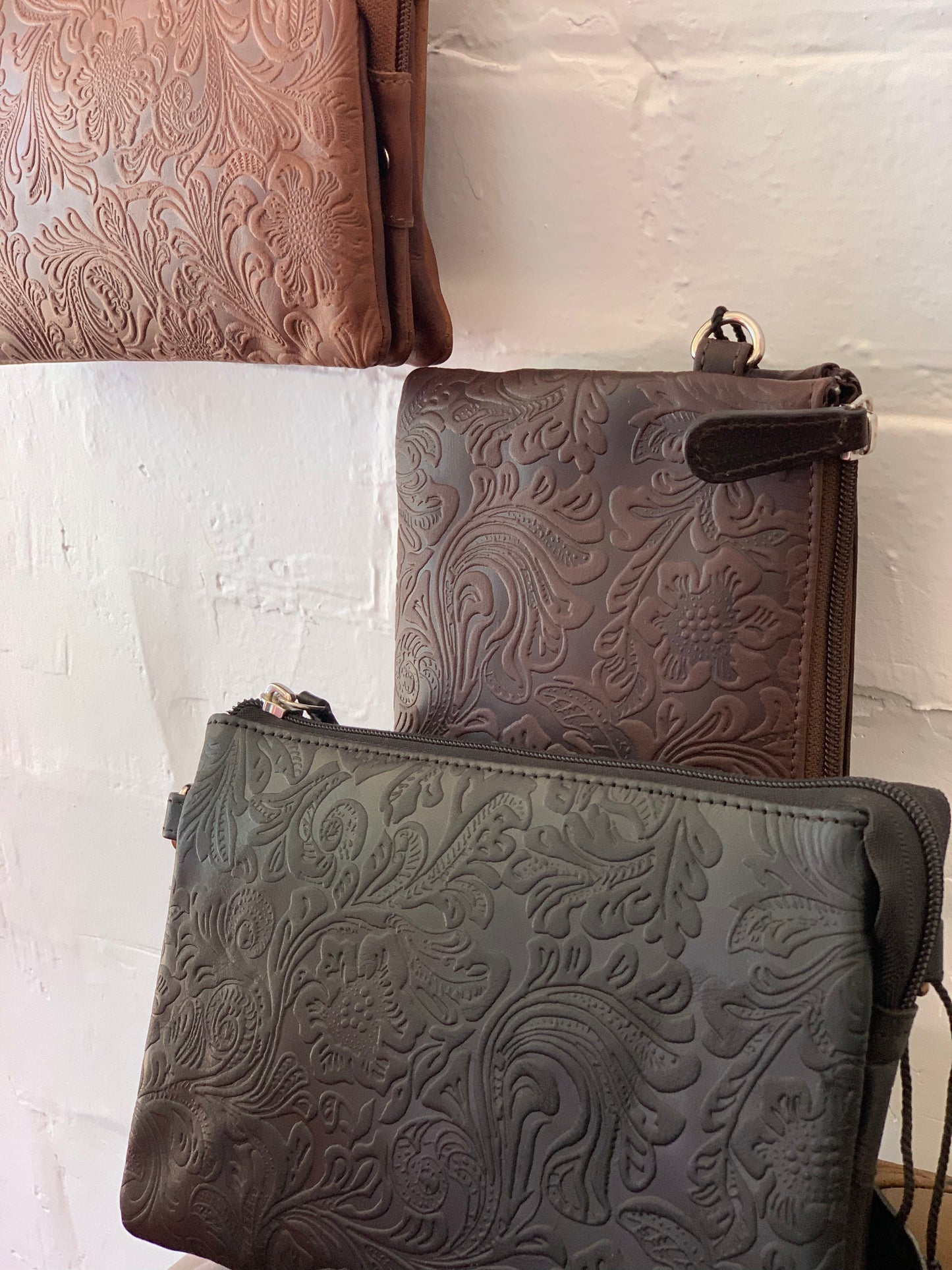 Embossed cross body oilskin bag/clutch chocolate brown