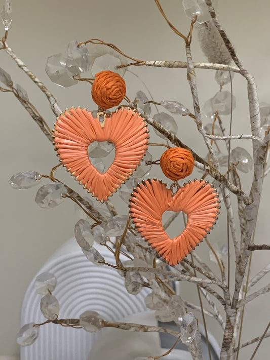 Raffia Heart Earrings - Orange