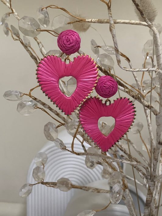 Raffia Heart Earrings pink