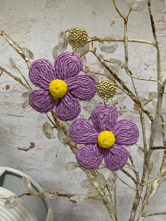 Raffia Flower Earrings -Mauve