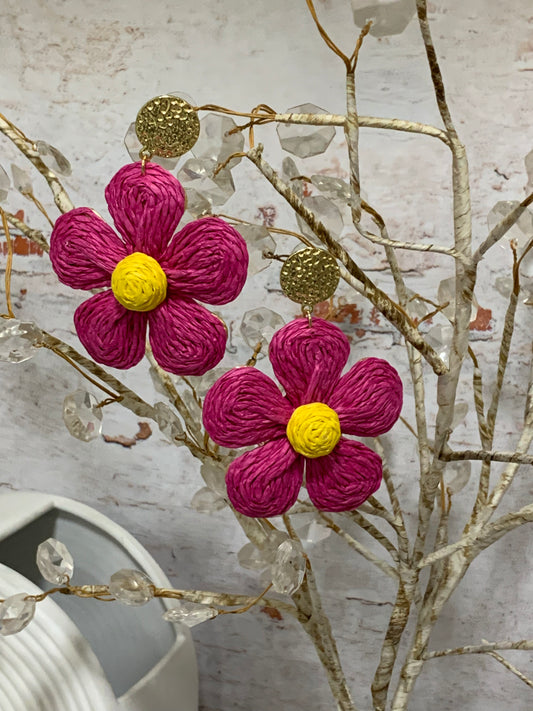 Raffia flower Earrings-Hot Pink
