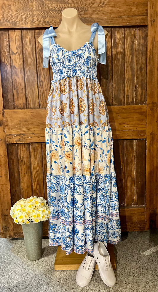 Tie Shoulder Shirred Dress