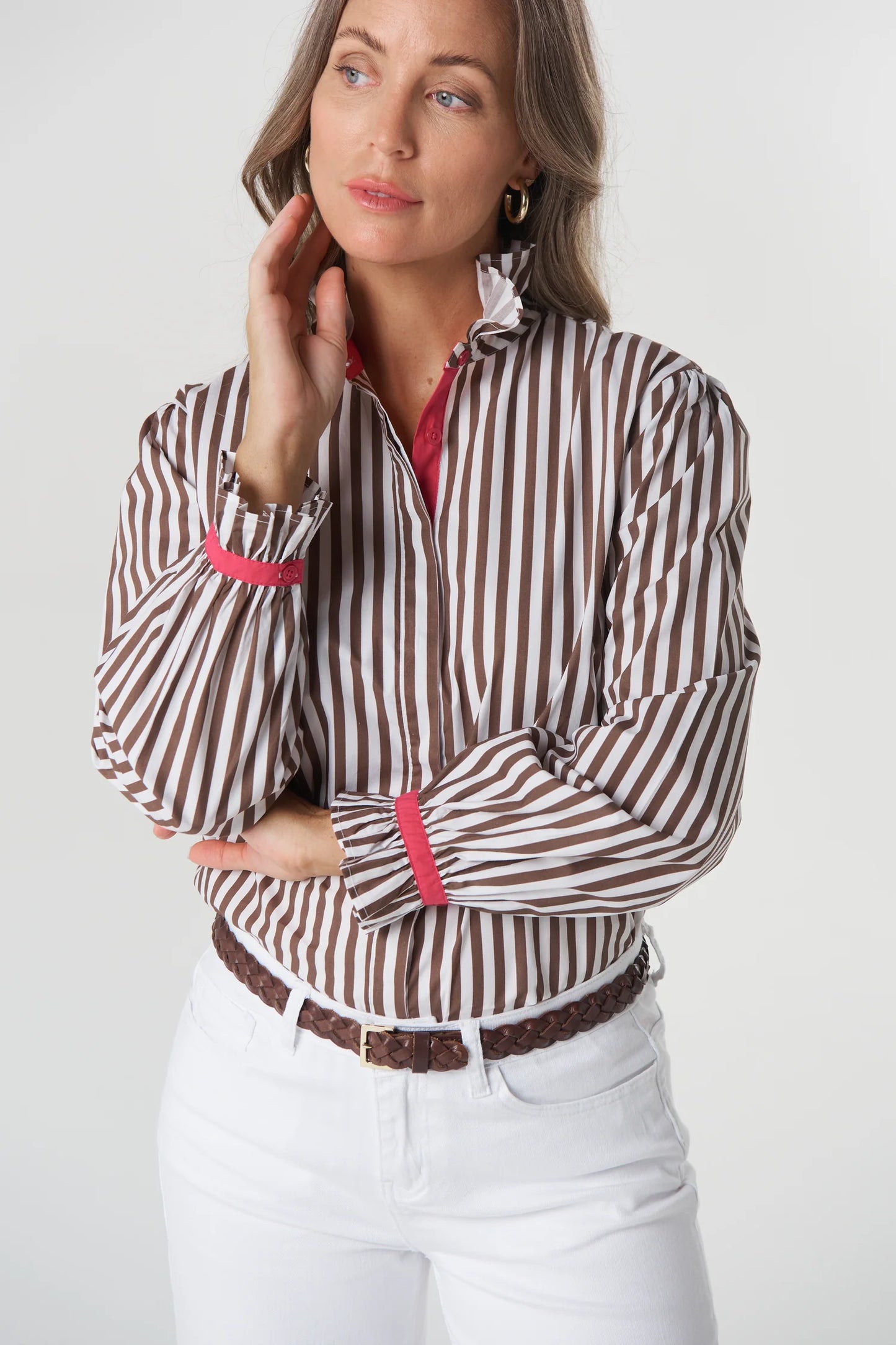 Sky Frill Neck Cotton Shirt - Chocolate Stripe